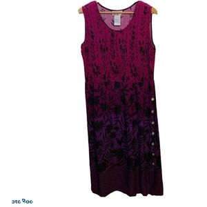 Hawaiian Maxi Dress L XL 16  Vintage 90s Smocked Pink Purple Black Button Detail
